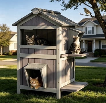 MEDEHOO 2-Story Outdoor Cat House, Insulated Weatherproof Feral Shelter with Openable Roof &amp; Acrylic Window