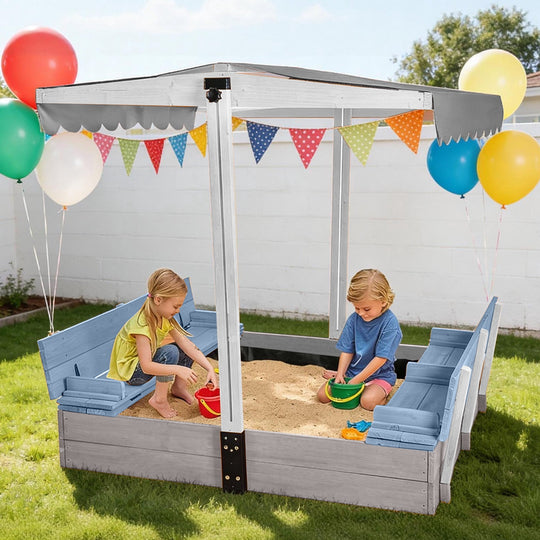 MEDEHOO Outdoor Sandbox with Cover &amp; Adjustable Canopy, Kids Sand Box with 2-IN-1 Foldable Seats, Blue