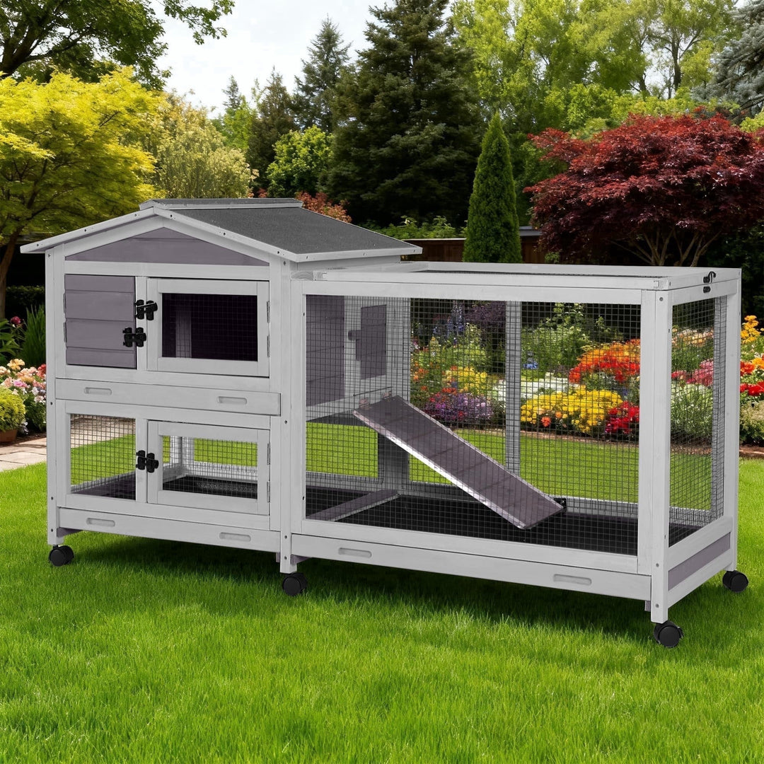 MEDEHOO Large Rabbit Hutch Indoor, Bunny Cage Outdoor with Chew-Proof Ramp, 2-Story Guinea Pig Cages with 6 Wheels, 3 Pull-Out Trays, Waterproof Asphalt Roof, 62" L - Gray