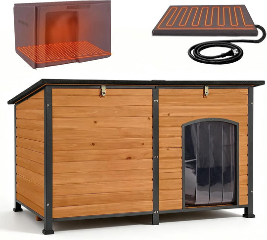 MEDEHOO Extra Large Heated Dog House Outdoor Wooden Dog Kennel 59" Insulated with Heater All-Around Iron Frame