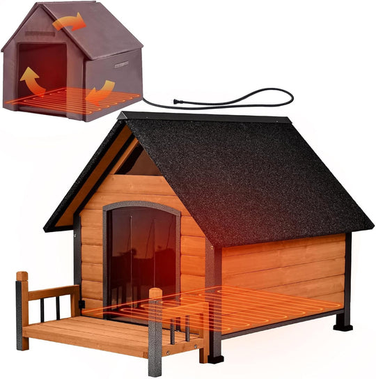 Outdoor Heated Dog House Anti-Bite Weatherproof Dog Kennel Puppy Shelter Indoor with Heating Pad, All-Around Insulated Liner and Porch for Large Breed, 45" D x 32.9" W x 32.6" H (Brown) AIR80-IN-HP-WM