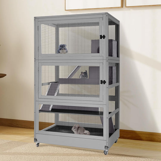 MEDEHOO Large Ferret Cage, Chinchilla Cage with Bite-Resistant Frame, Slide-Out Tray, Lockable Casters, Four-Story Critter Nation for Small Animal AIR56-AD2-WM