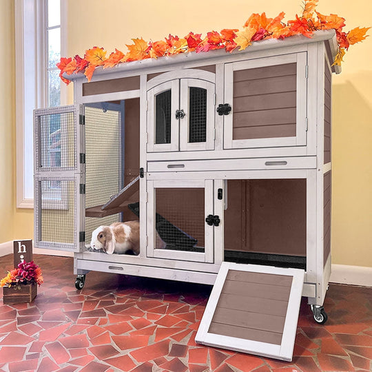 MEDEHOO Rabbit Hutch Indoor Bunny House Guinea Pig Cage with Sliding Plastic Trays, Wheels &amp; Ramp, 47.2" Multi-Door Wooden Small Animal Cage for Rabbits Bunnies, and Guinea Pigs, Brown AIR06 D-A11-WM
