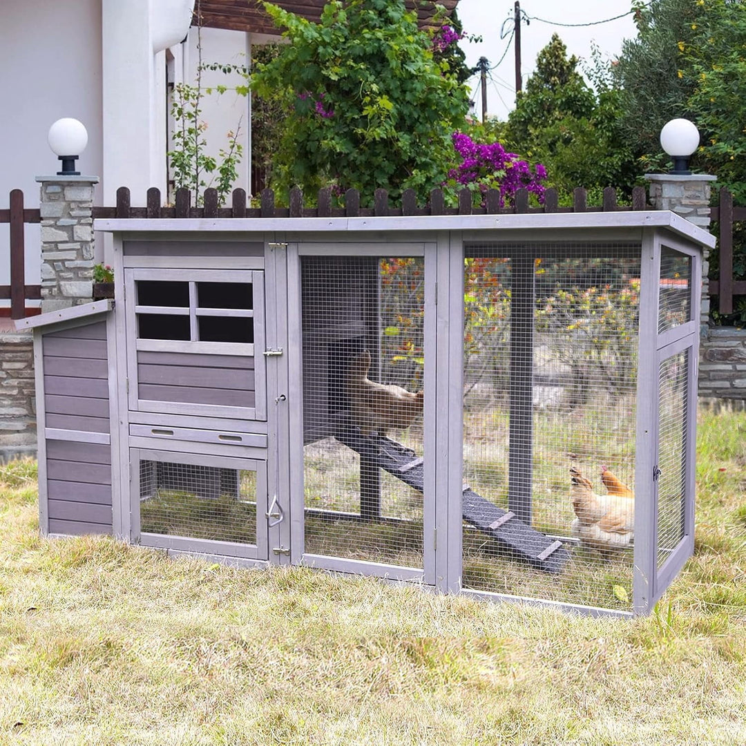 MEDEHOO 78in Large Chicken Coop with Wheels &amp; Removable Leakproof Tray, Outdoor Wooden Poultry House with Waterproof Roof, Nesting Box, Ramp and Run (Grey) AIR310-WM