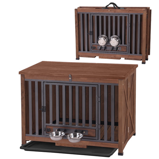 MEDEHOO Folding Dog Crate Furniture Portable Metal Dog Kennel with Bowls &amp; Tray, Dog Crate for Small &amp; Medium Dogs with Opening Roof, Brown