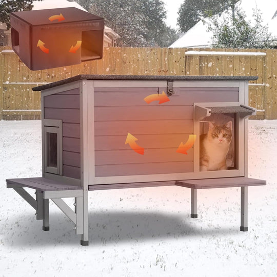 MEDEHOO Insulated Outdoor Cat House with All-Round Liner, Weatherproof Feral Cat Shelter for Winter, Outside Stray Cat House with 3 Escape Doors and Elevated Base AIR91-IN-ML