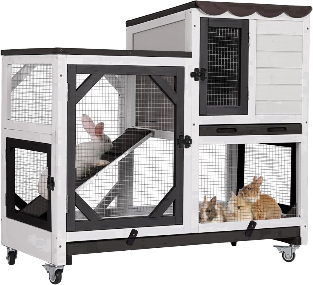 MEDEHOO Indoor Rabbit Hutch Outdoor Bunny Cage on Wheels, 2 Story Wood Guinea Pig Cages with 2 Deeper Pull Out Trays (Black &amp; White) AIR7013-BW-WM