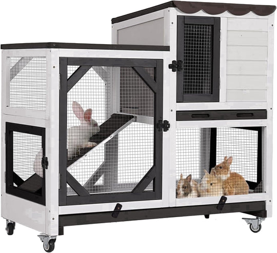MEDEHOO Indoor Rabbit Hutch Outdoor Bunny Cage on Wheels, 2 Story Wood Guinea Pig Cages with 2 Deeper Pull Out Trays (Black &amp; White) AIR7013-BW-WM
