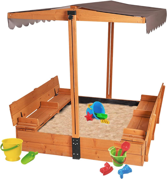 Sandbox with Lid and Cover for Kids Outdoor with 2 Foldable Bench Seats, Adjustable Canopy and Sand Protection Liner, 47.2" L x 47.2" W x 51.9" H GUT05-N