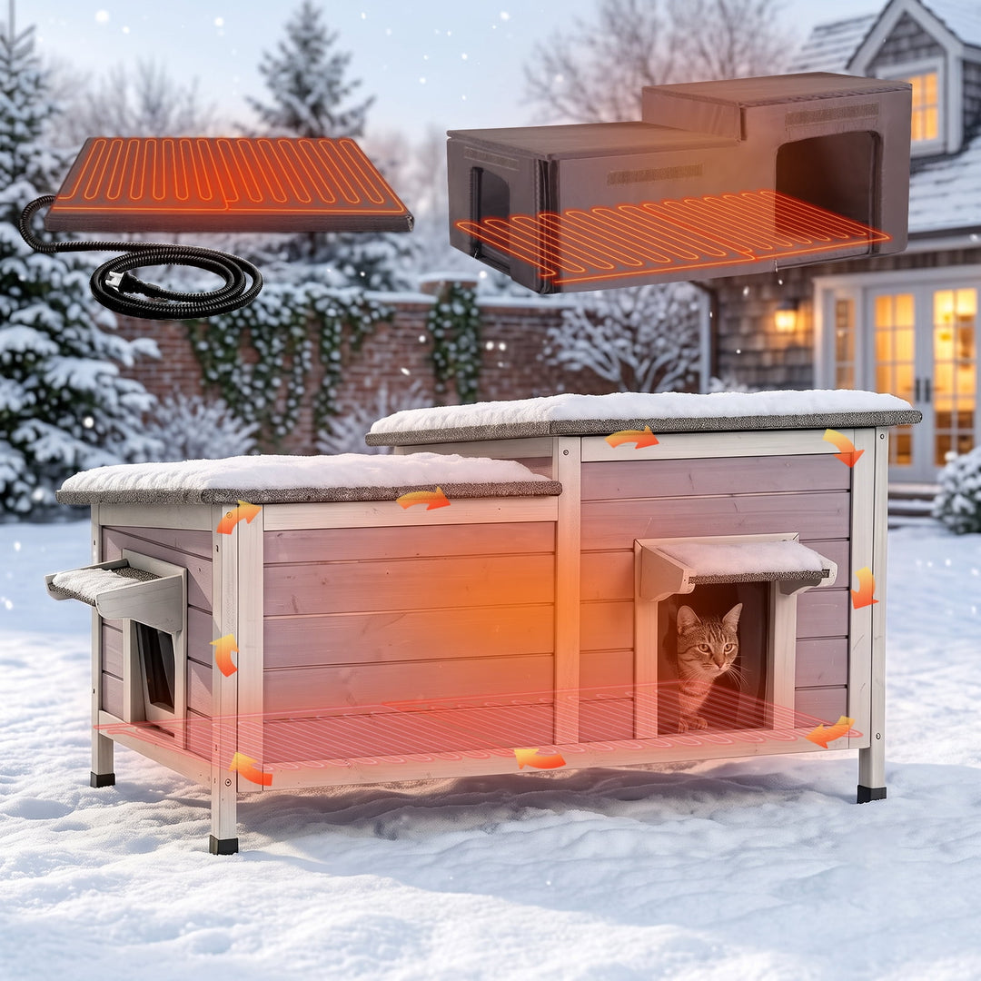 MEDEHOO Large Heated Cat House with Liner, Weatherproof Cat Shelter Outdoor Insulated Windproof Feral Cat Shelter with Heating Pad, Chewproof Cable, Escape Door for 2-4 Cats in Winter