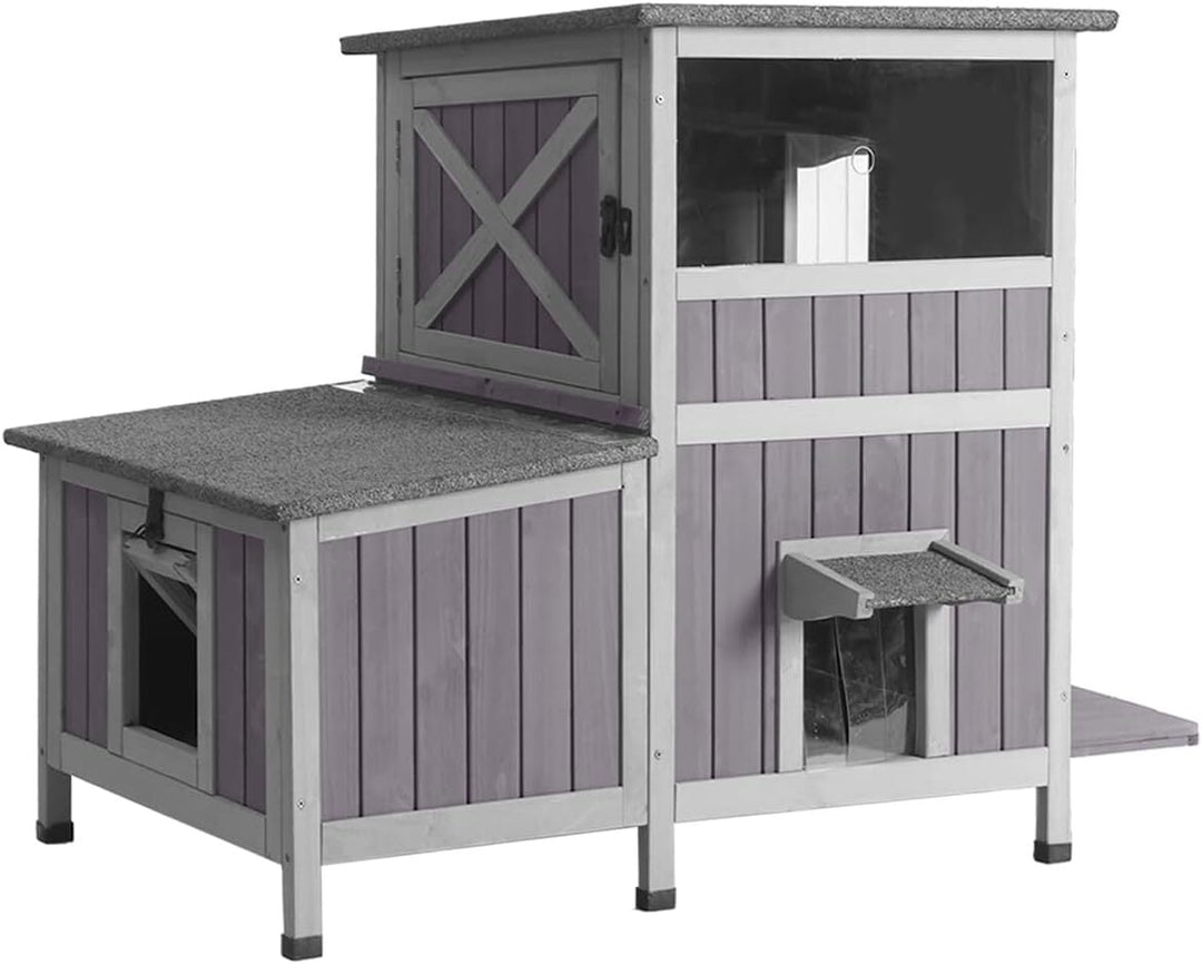 MEDEHOO Outdoor Cat House Weatherproof, Two-Story Wooden Cat Shelter with Escape Door, PVC Curtains, Removable Floor &amp; Waterproof Roof, Raised Outside Cat House for Feral Cats