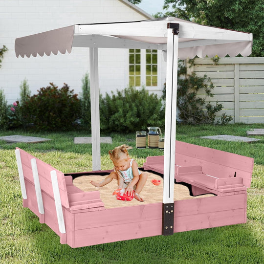 MEDEHOO Sandbox with Lid and Cover, Outdoor Sand Box for Kids with 360° Adjustable Canopy, 2 Foldable Bench Seats &amp; Sand Leak-Proof Liner GUT05-P-4-AD-WM