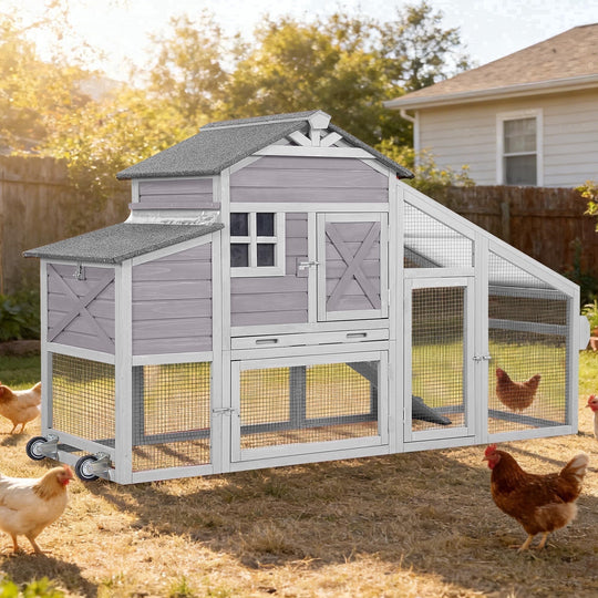 MEDEHOO Mobile Chicken Coop with Run, Large Wooden Chicken House with Wheels, Duplex Hen House with Nesting Box, Slide-Out Tray, Waterproof Roof, Accommodates 2-4 Chickens - Grey