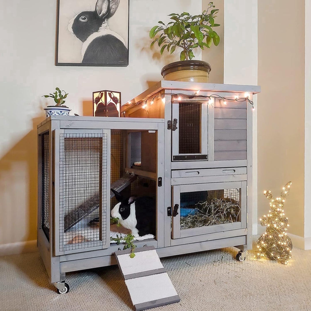 MEDEHOO Wooden Bunny Hutch Indoor&amp; Outdoor Rabbit Hutch Guinea Pig Cage for Small Animals with Trays (Grey)