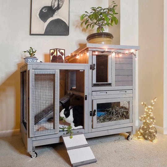 MEDEHOO Wooden Bunny Hutch Indoor&amp; Outdoor Rabbit Hutch Guinea Pig Cage for Small Animals with Trays (Grey)