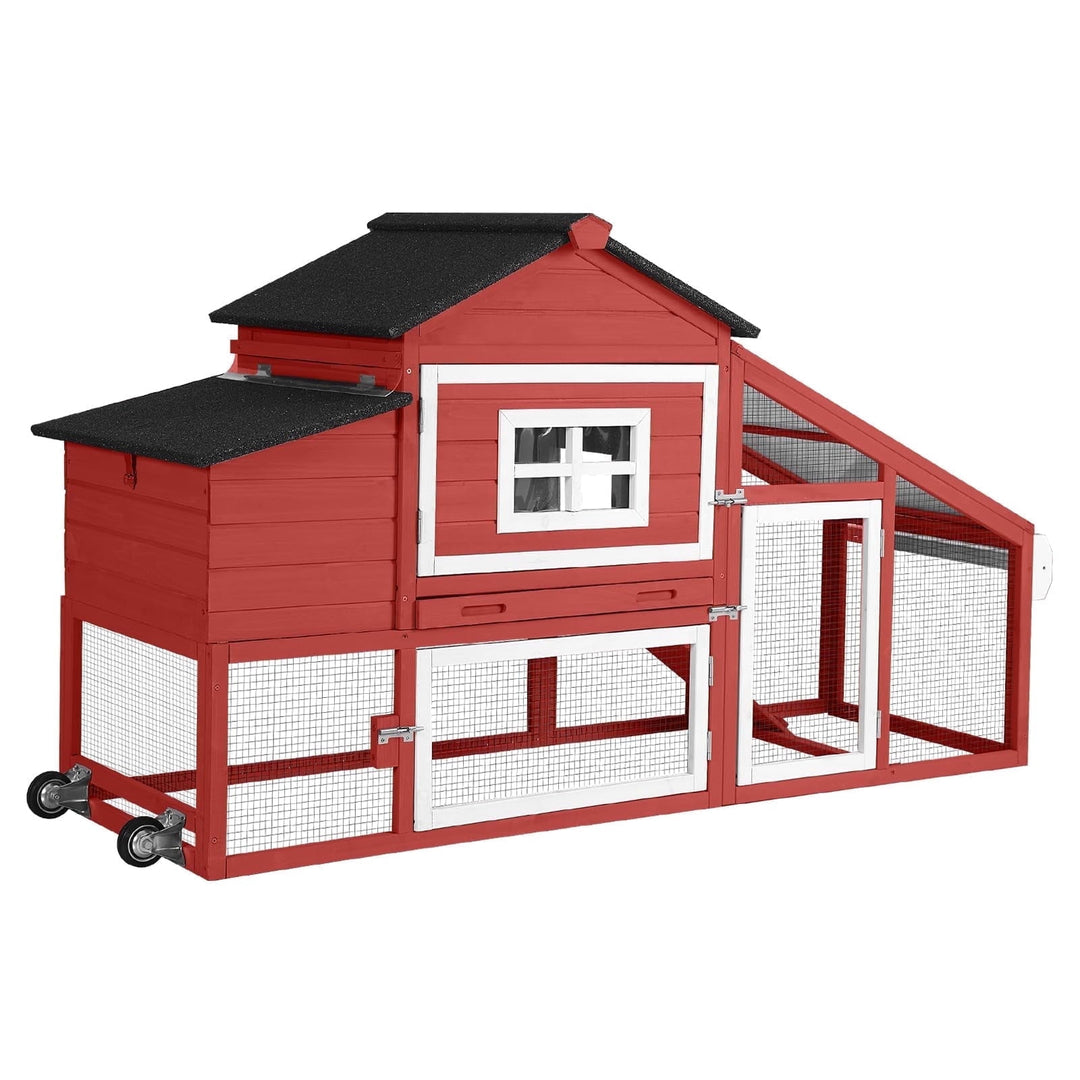 BUTINGLALE Outdoor Mobile Chicken Coop with Wheels Hen House with Nesting Box Wooden Bunny Cage Large Duck House with Run UV Roof Rabbit Hutch(Red) AIR23-R-N