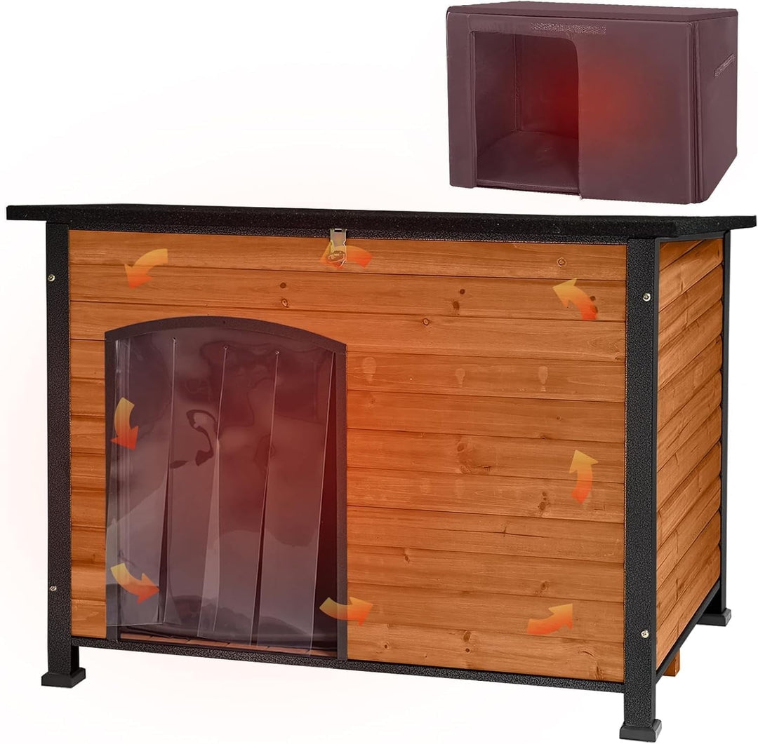 43.3" Large Wooden Dog House with Insulated Liner Outdoor Puppy Shelter Anti-Bite Iron Frame-Brown
