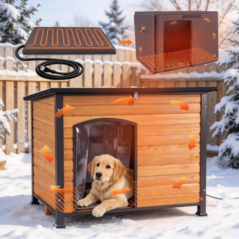 MEDEHOO Large Heated Dog House Outdoor Dog House Insulated Weatherproof Dog Kennel with Safe Heating Pad, Thermal Liner, Chew-Proof Metal Frame for Medium to Large Dog Breeds, 33.5" L×22" D×25.2" H