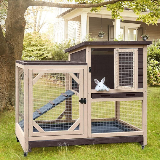 MEDEHOO Rabbit Hutch Rabbit Cage Indoor Bunny Hutch with Run Outdoor Rabbit House with Two Deeper No Leak Trays - 4 Casters Include (Without Bottom Wire Netting)