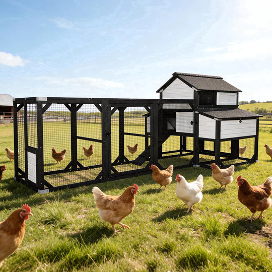 MEDEHOO Extra Large Wooden Chicken Coop for 8-10 Chickens, Reinforced Outdoor Hen House with Extended Run, 6 Nesting Boxes, Easy Clean Pull-Out Tray, Waterproof Asphalt Roof - Black, 118" L