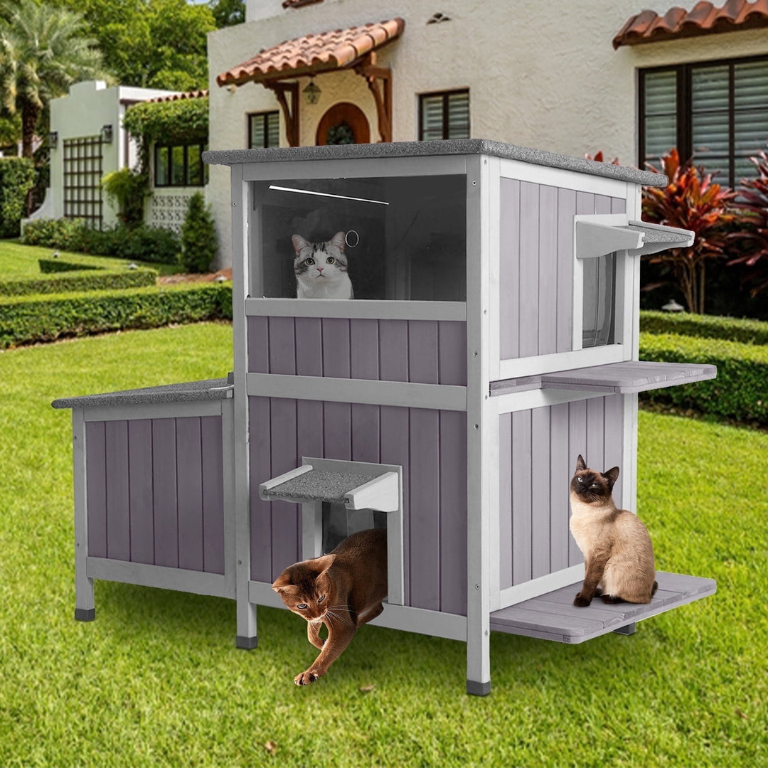 MEDEHOO Outdoor Cat House, Waterproof 2-Story Feral Cat Shelter for Outdoor and Indoor Use, Gray