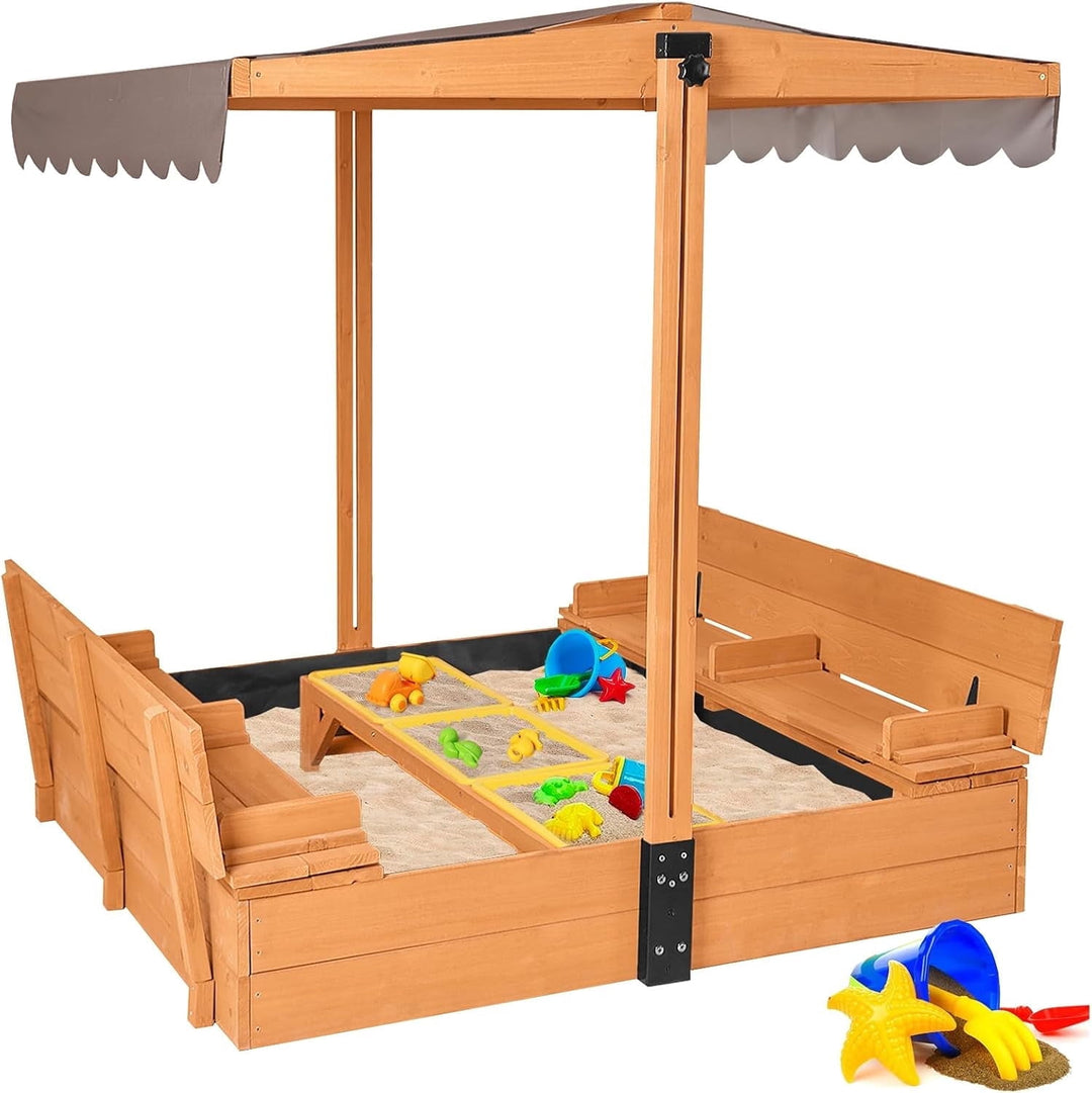 MEDEHOO Large Wooden Kids Sand Box with Cover, Sandbox with Lid Foldable Beench Seats, Sand Boxes for Backyard Garden, Beach Patio Outdoor COL08-A11-WM
