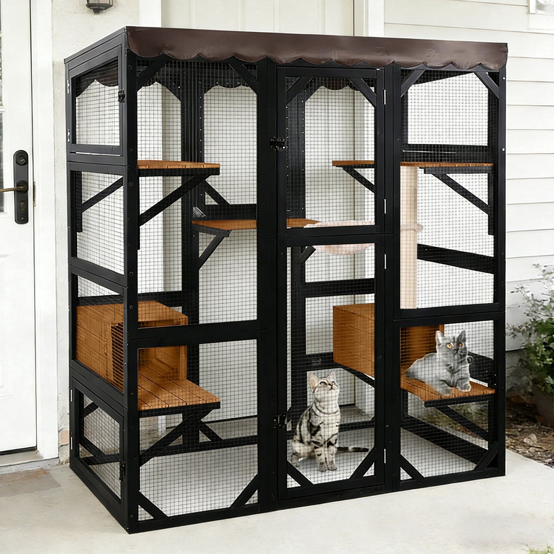 MEDEHOO Catio Outdoor Cat Enclosure 70" Large Window Catio Wooden Cat House Walk-in Cat Cage with 7 Platforms Waterproof Cover for 2-6 Cats (Black) AIR37-M-B-J-WM