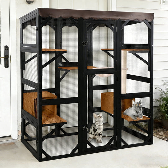 MEDEHOO Catio Outdoor Cat Enclosure 70" Large Window Catio Wooden Cat House Walk-in Cat Cage with 7 Platforms Waterproof Cover for 2-6 Cats (Black) AIR37-M-B-J-WM