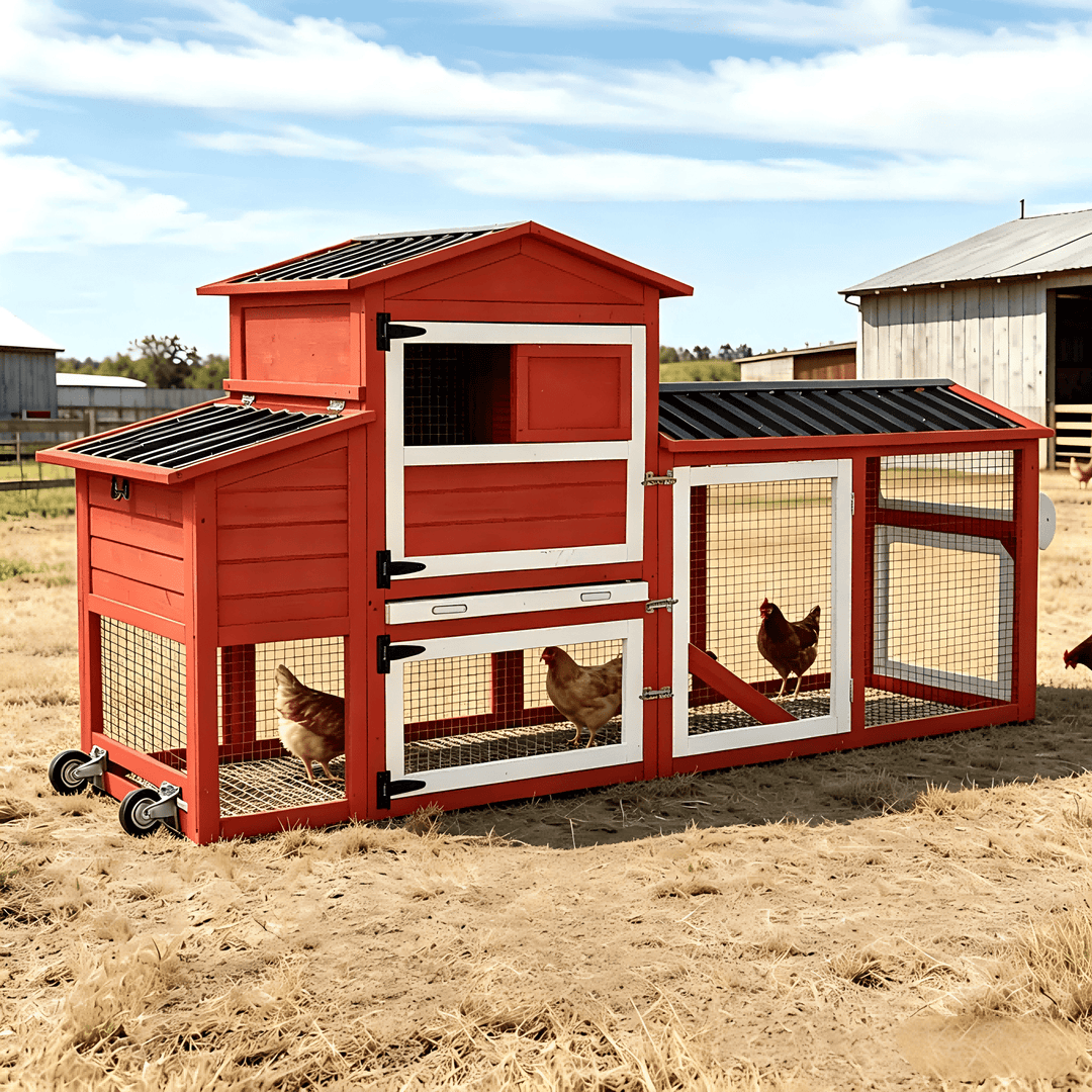 MEDEHOO 83" Large Chicken Coop for 4-6 Chickens, Mobile Hen House Outdoor Wooden Poultry Cage with Wheels Nesting Box Run, Red