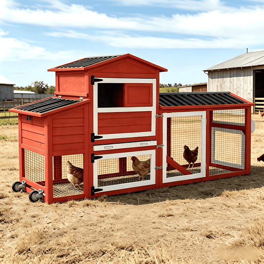 MEDEHOO 83" Large Chicken Coop for 4-6 Chickens, Mobile Hen House Outdoor Wooden Poultry Cage with Wheels Nesting Box Run, Red