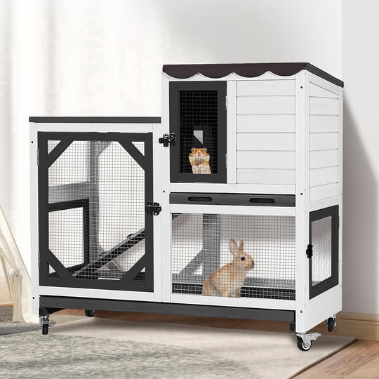 MEDEHOO Duplex Rabbit Hutch Indoor with Chew-Proof Frame &amp; 2 Leak-Proof Sliding Trays, Rain Cover, Wooden Guinea Pig Cages with Wheels - Black and White AIR7013-BW-2-AD-WM