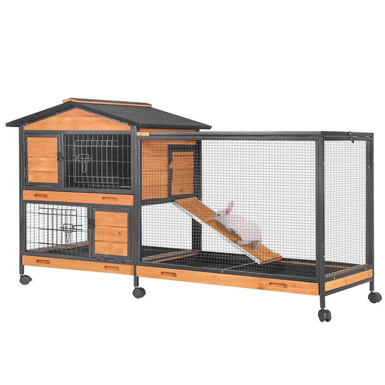 MEDEHOO Rabbit Hutch with Chew-Resistant Metal Frame Indoor Bunny Cage Outdoor Rabbit Cage with Wheels and Leakproof Tray AIR19-X-N