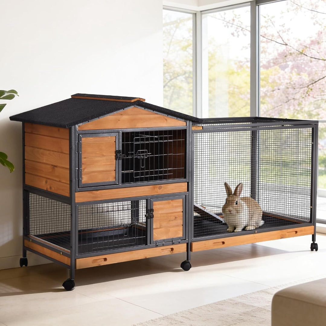 MEDEHOO Rabbit Hutch Indoor, 62’’ Bunny Hutch Outdoor with All-Around Metal Frame, Mobile Rabbit House with Wheels, Wooden Bunny Cage with Leakproof Tray, Chew-Proof Ramp for Guinea Pig(Orange) AIR19-X-D11-WM