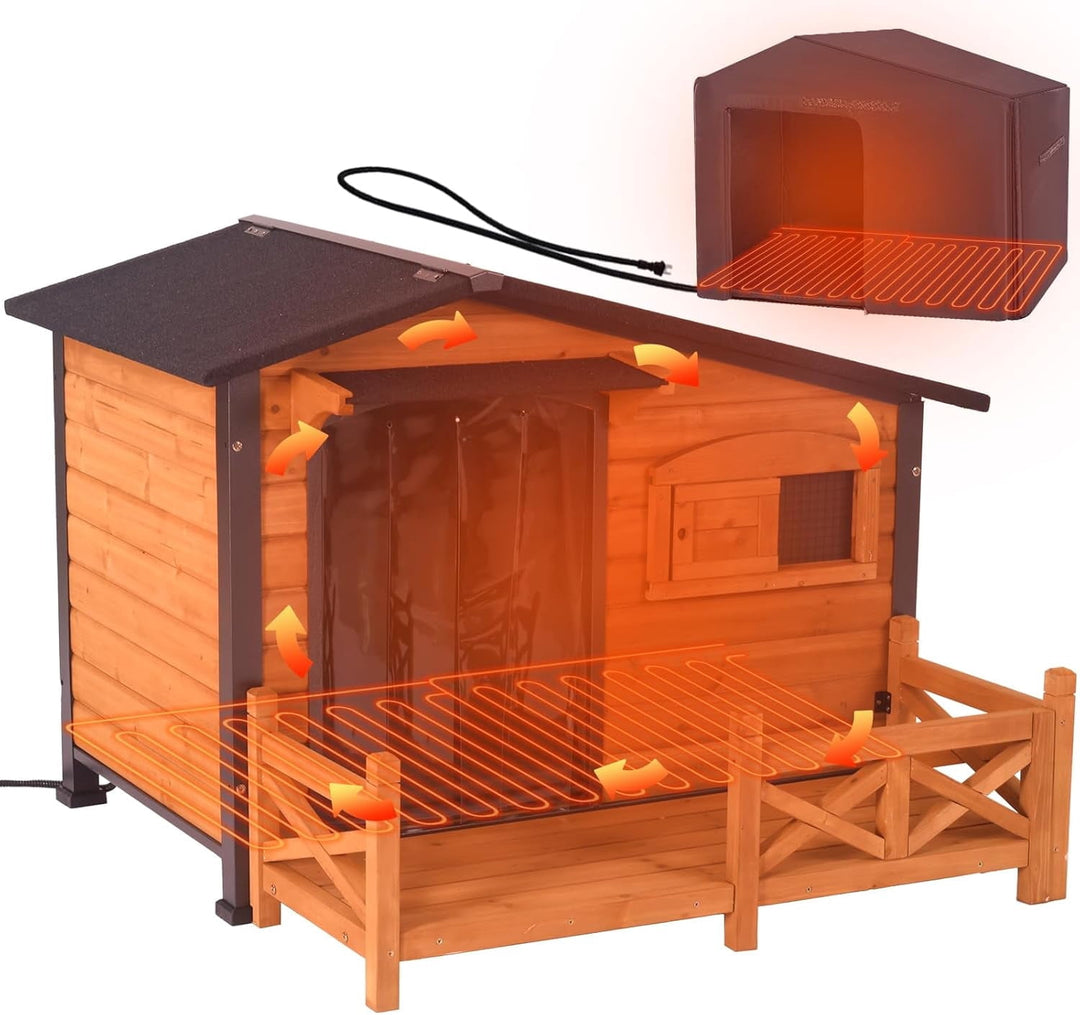 MEDEHOO Heated Dog House Outdoor Dog Kennel with Safe Heated Pad, Chew-Proof Metal Frame and Rotating Food Bowl for Small to Medium Dogs, 44.6" L x 41.1" W x 32.9“H (Brown) AIR7024-HP-N-WM