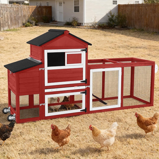 MEDEHOO Mobile Chicken Coop with Wheels, Wooden Chicken Coop with Nesting Box &amp; Removable Tray, Easy-Clean Outdoor Chicken House Duck House for 2–3 Chickens (Red) AIR72-R-D14-WM