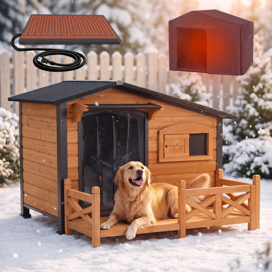 MEDEHOO 44.6" Large Outdoor Heated Dog House XL Insulated Dog Kennel with Safe Heating Pad, Chew-Proof Metal Frame, 6-Sided Thermal Liner for Large Dog Breeds, Brown