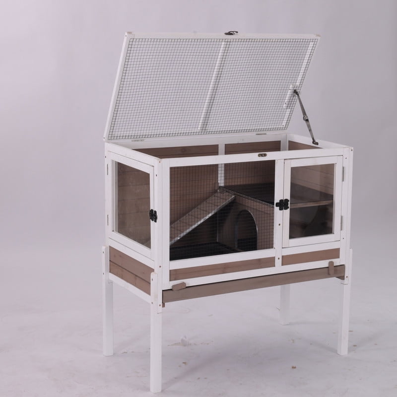 MEDEHOO 36.6" 2-Story Guinea Pig Cage, Indoor Wooden Rabbit Hutch with Removable Stand, Anti-Chew Edges and Deep Pull-Out Trays, Brown