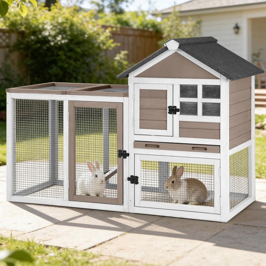 MEDEHOO Rabbit Hutch Outdoor Rabbit Cage Indoor 51.6" L Waterproof Bunny Cage with Chew-Proof Ramp and Lockable Doors for Indoor Outdoor Use Grey