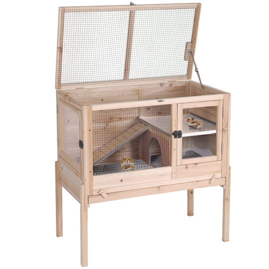 MEDEHOO Wooden Guinea Pig Cages Indoor with Removable Stand, Anti Chewing Rabbit Hutch with Ramp and Wire Mesh, 2 Story Small Animals House Habitat with Pull Out Tray, Natural