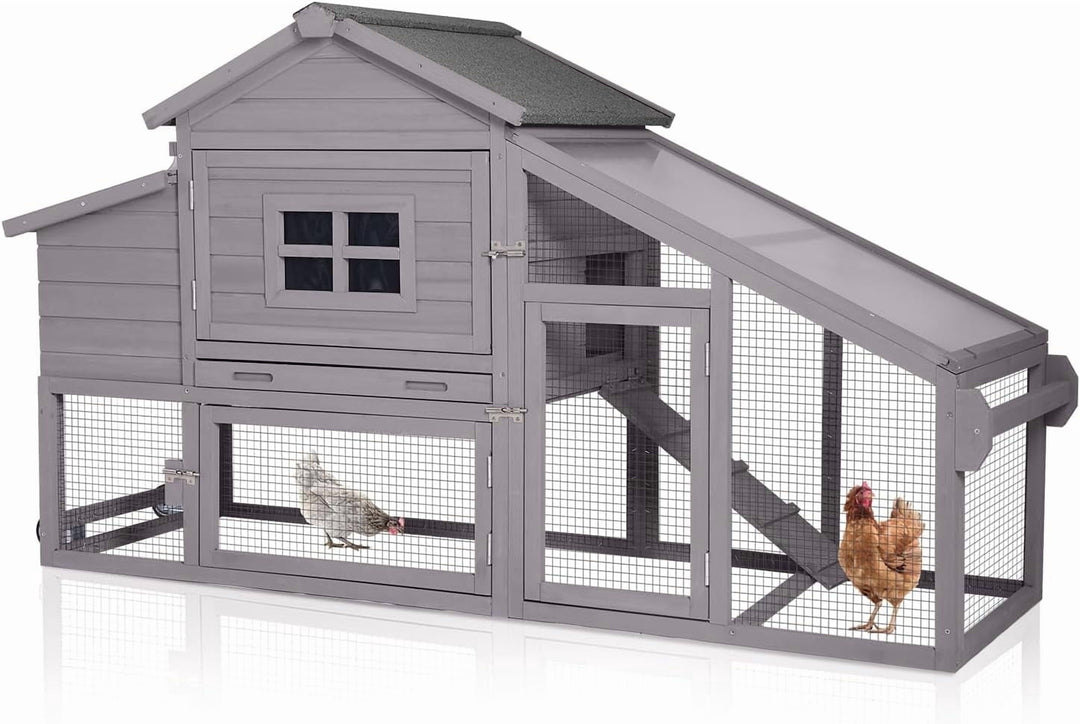 MEDEHOO Chicken Coop on Wheels, Mobile Chicken House, Wooden Hen Houses, Outdoor Rabbit Hutch, for 2-4 Chickens 67" (Gray) AIR23-km-gray
