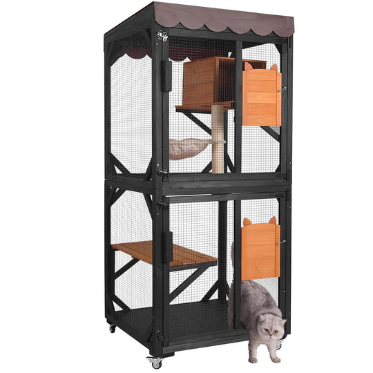 BUTINGLALE Cat House Outdoor Catio on Wheels 70.9" Cat Enclosure Perfect for 3-5 Cats,Waterproof Cover Kitty Shelter AIR7014-J