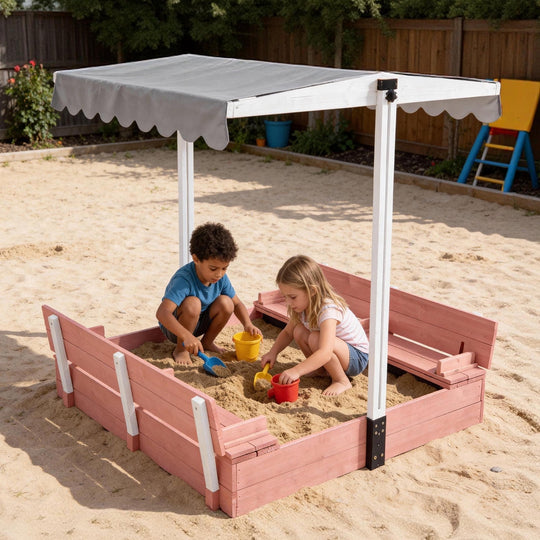 MEDEHOO 47.2"Sandbox with Lid and Cover for Kids Outdoor with 2 Foldable Bench Seats,  Adjustable Canopy and Sand Protection Liner, (Pink)