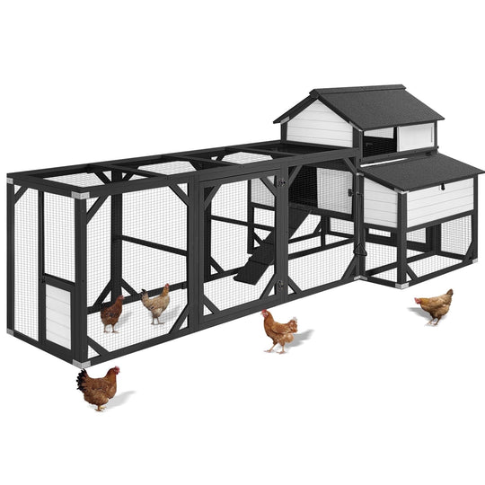 MEDEHOO 118" Large Chicken Coop with Run, 6 Nesting Boxes &amp; Removable Tray for 4-6 Chickens Outdoor, 41.3ft² Wooden Chicken House Poultry Cage with Weatherproof Roof, Black &amp; White AIR46-km-M-B-WM