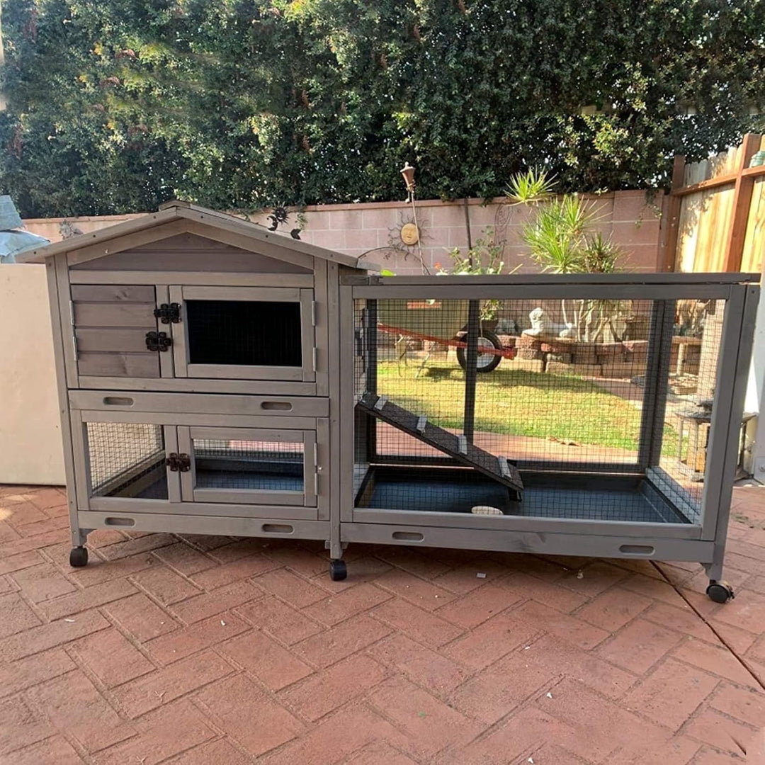 MEDEHOO Bunny Cage Indoor Outdoor Rabbit Hutch with Casters Waterproof Roof, Pull Out Tray from Back and Front, 61.2" L x 22.6" W x 33.5" H MEDE-AIR19-G-MA-WM