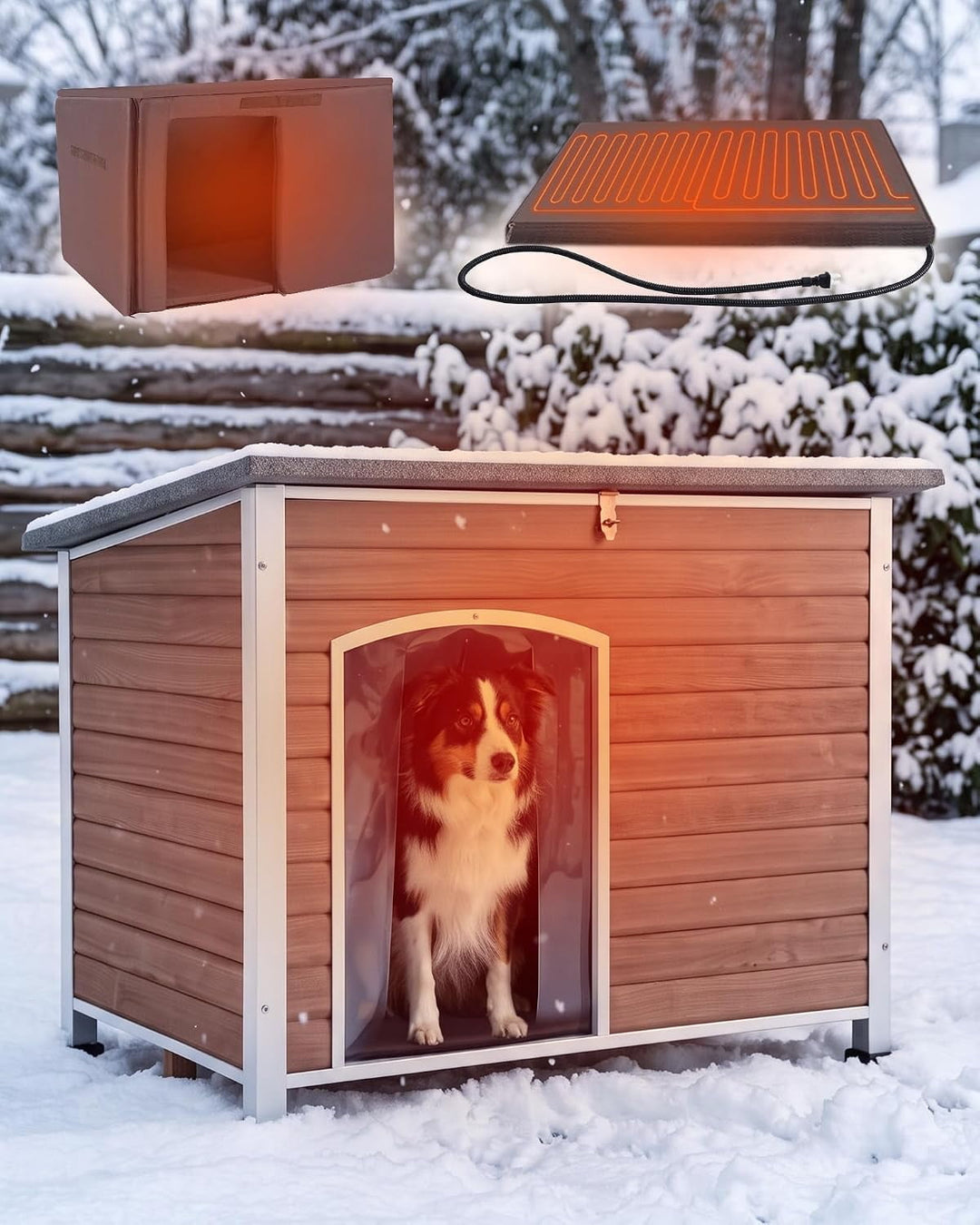 MEDEHOO 43.3" Extra Large Heated Insulated Dog House for Winter Wooden Outdoor Dog Kennel with All-Around Iron Frame-Light Brown AIR76-BM-HP-A12