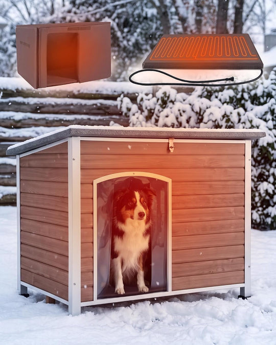 MEDEHOO 43.3" Extra Large Heated Insulated Dog House for Winter Wooden Outdoor Dog Kennel with All-Around Iron Frame-Light Brown AIR76-BM-HP-A12