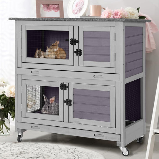 BUTINGLALE 2-Story Rabbit Hutch with Chew-Proof Ramp, 36" Indoor/Outdoor Rabbit Cage with 4 Casters &amp; 2 Pull-Out Trays, Wooden Bunny Hutch Leakproof Small Animal Cage for Rabbits, Guinea Pigs RH-AIR77-G-MA