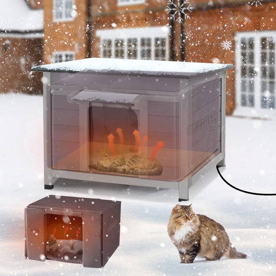MEDEHOO Heated Outdoor Cat House with Heating Pad, Weatherproof Cat Shelter, Feral Cat House with Insulated Liner for Keep Warm in Winter AIR12-IN-HP-4DML-WM