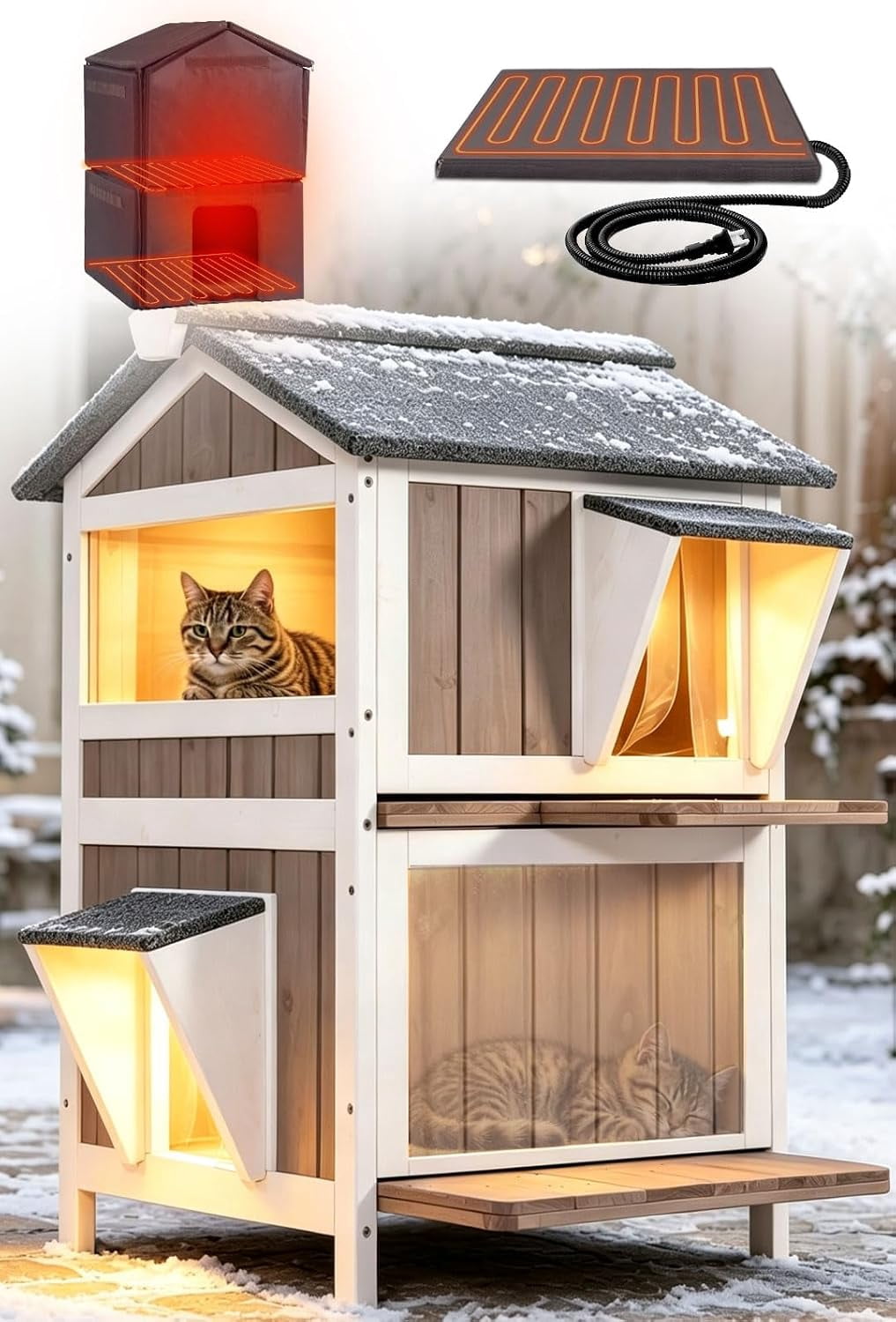 MEDEHOO Heated Outdoor Cat House, Insulated Weatherproof Feral Shelter with UL-Tested Pad &amp; Thermal Liner (Brown)