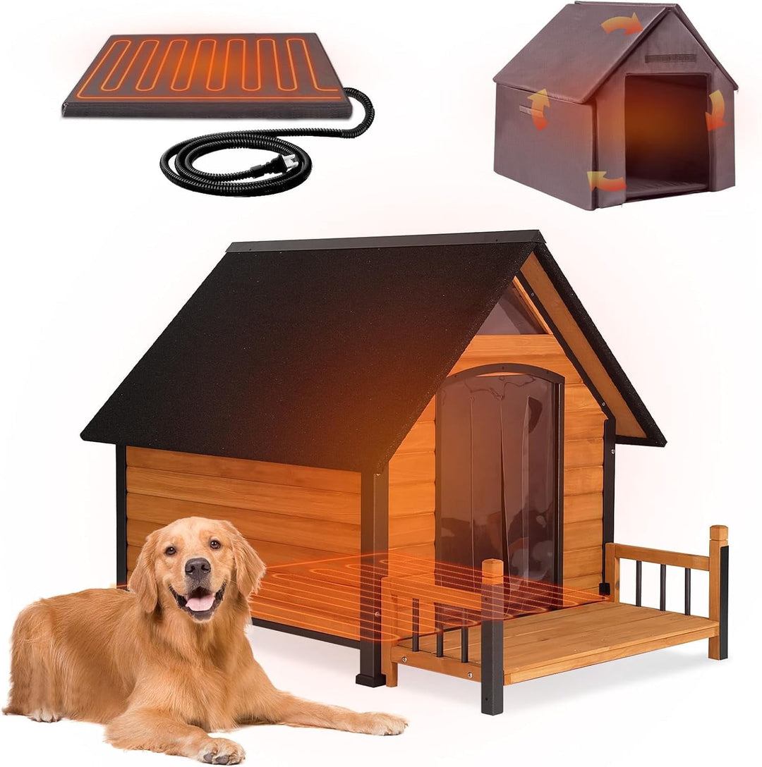 MEDEHOO Outdoor Heated Dog House Anti-Bite Weatherproof Dog Kennel Puppy Shelter Indoor with Heating Pad, All-Around Insulated Liner and Porch for Large Breed, 45" D x 32.9" W x 32.6" H (Brown) AIR80-IN-HP-MA-WM
